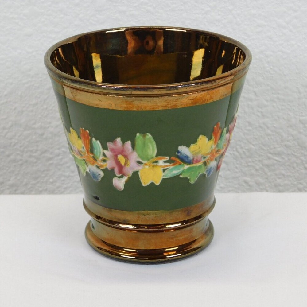 Copper Lusterware Floral Design Beaker Pudding Cup Antique 4" mid 1800's FLAW - Picture 3 of 10